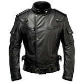 Veste de moto en cuir noire à fermeture éclair sportive pour homme